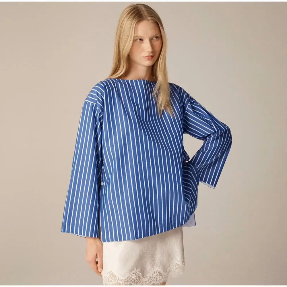 J.Crew Ciel Top WMNS XS Deep Sea Stripe Poplin Waist Tie Side Button Long Sleeve